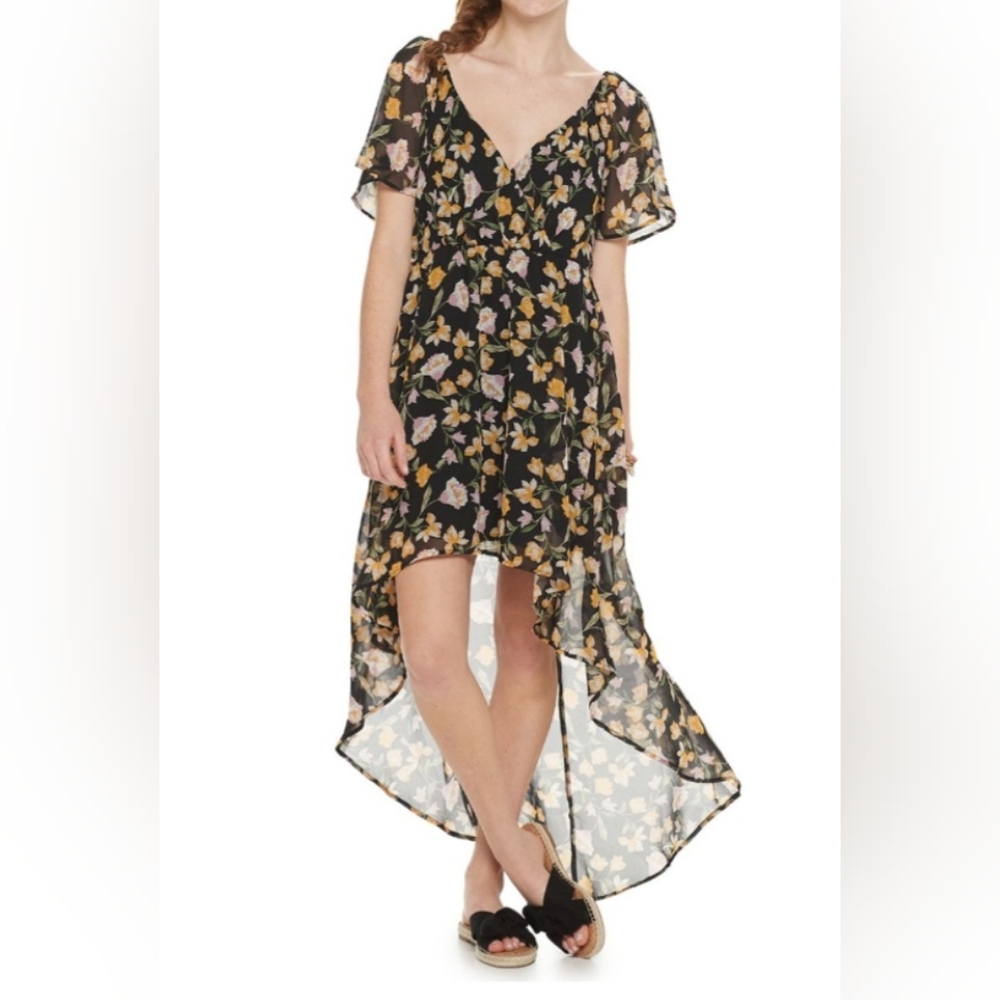 Lily Rose Black Dress with Yellow and Pink Floral Design